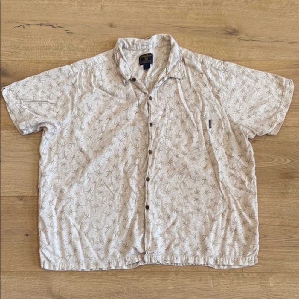 Woolrich Hawaiian Shirt XXL Tan Palm Print Short Sleeve Button Up Tropical